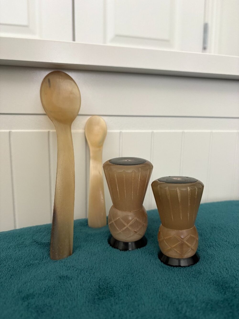 Vintage Carved Horn Salt and Pepper Shaker Set and Two Spoons also Horn